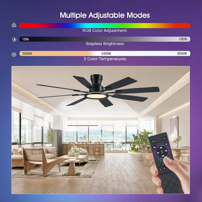 JSAITEE 60Inch Ceiling Fan with Lights Low Profile Flush Mount Brown RGB