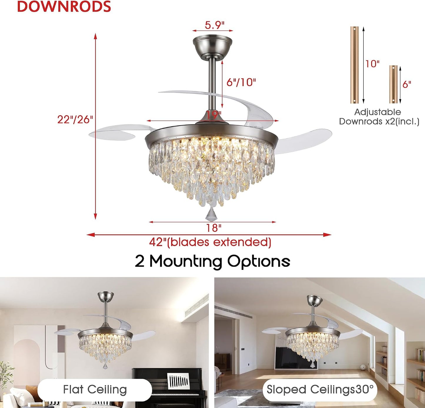 48" Chandelier Ceiling Fan with Lights, Crystal Retractable Fandelier with 3 Color LED Dimmable, Reversible DC Motor, Modern for Bedroom, Living Room5555-BLACK 5555-GOLD 5555-NICKEL