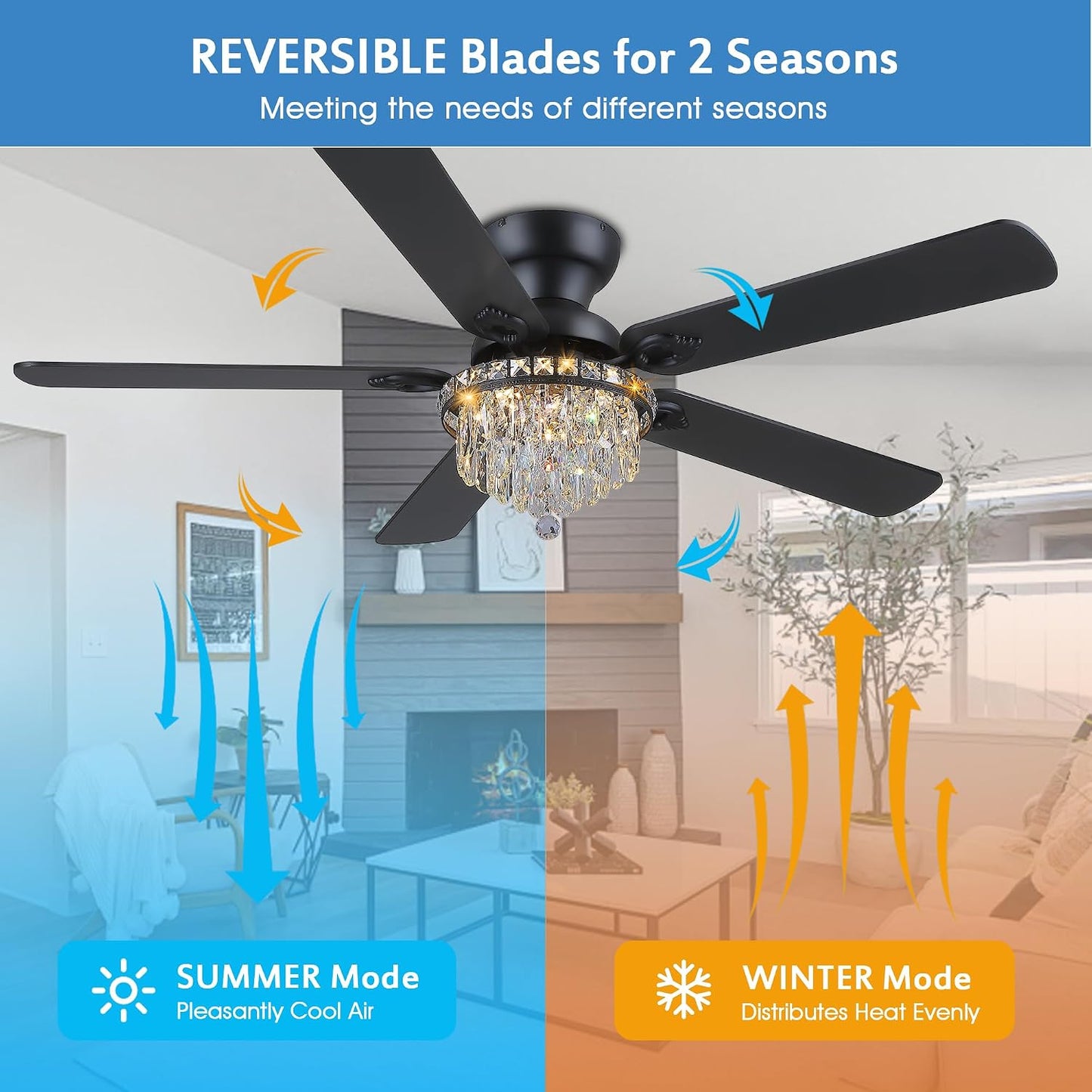 Crystal Ceiling Fan Fandelier with Lights-Modern Ceiling Fan(52" )5889-Black 5890-Black