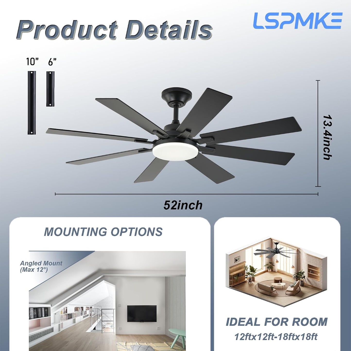 Ceiling Fan With Light & Remote Indoor/Outdoor Use 52 Inch Black White Brown Nickel LSP-100-Black LSP-100-White LSP-100-Brown LSP-100-Nickel