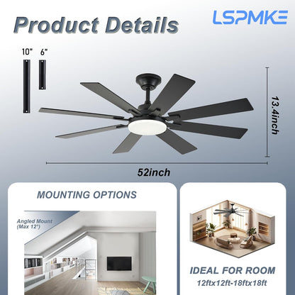 Ceiling Fan With Light & Remote Indoor/Outdoor Use 52 Inch Black White Brown Nickel LSP-100-Black LSP-100-White LSP-100-Brown LSP-100-Nickel