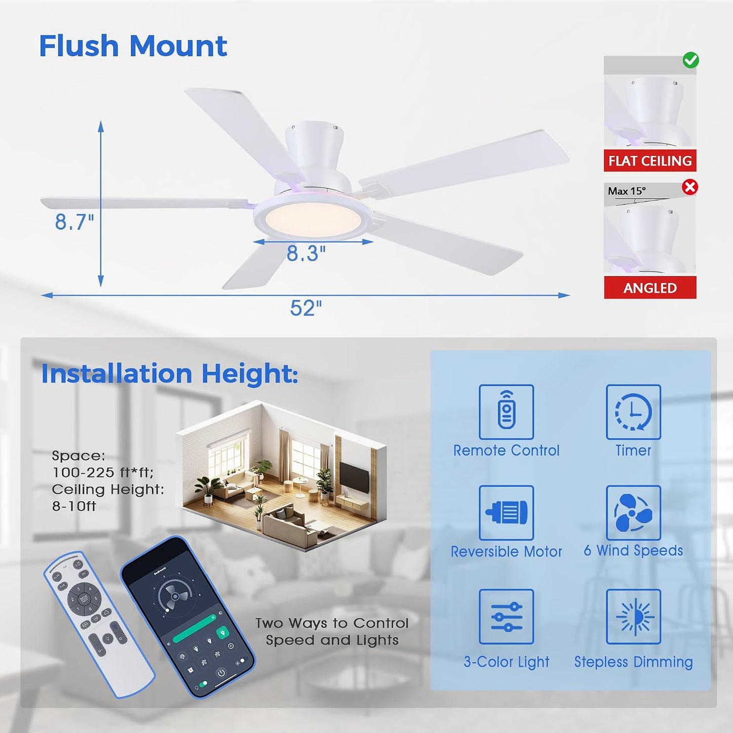 Ceiling Fans with Lights - 52in Flush Mount Ceiling Fan with RGB Dimmable, 3CCT 6 Wind Speeds and Reversible Quiet Motor, Low Profile RGB Fan Light for Modern Indoor, Party 8886-Black 8886-White 8886-Brown 8886-Nickel
