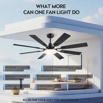 60" Ceiling Fan with Light - Modern White Low Profile Ceilings Fans Light Low Profile Fan with 8 Blades,6 Wind Speeds Reversible,Dimmable,Modern Light for Indoor Living Room,Kitchen,Coverd PatiosJL-153-Black-60In JL-153-White-60In JL-153-Brown-60In