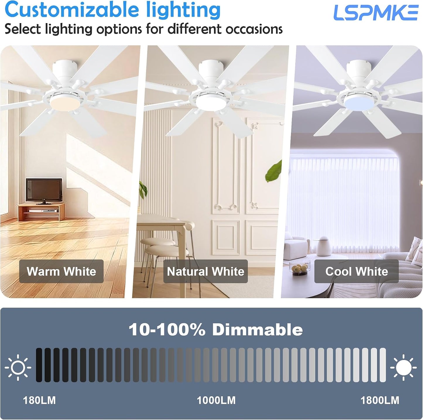 Ceiling Fans with Lights, 54 inch Low Profile Ceiling Fan with Light and Remote Control, Flush Mount Ceiling Fan for Bedroom, Living Room, Reversible, 3CCT, Dimmable, Noiseless DC Motor, Black White Brown