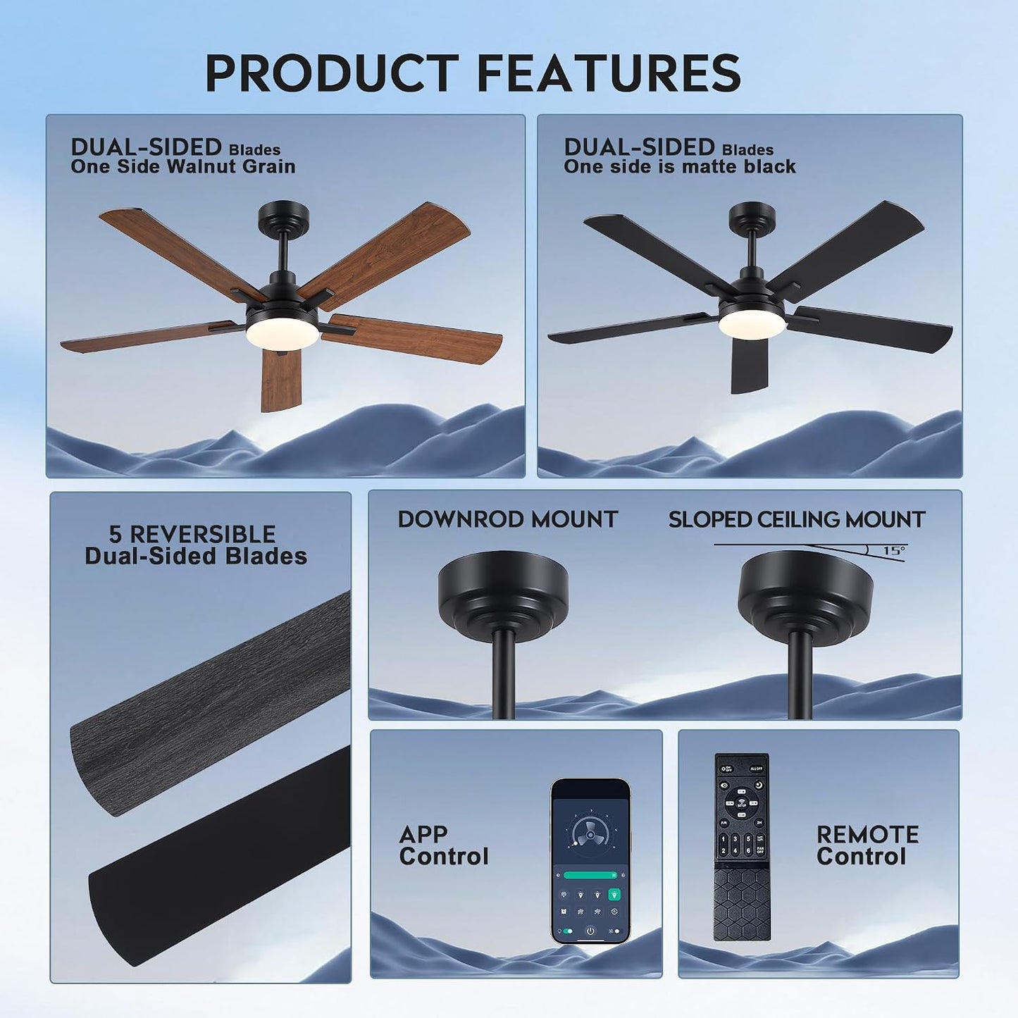 JSAITEE Ceiling Fans with Lights - 52Inch Low Profile Flush Mount Ceiling Fan with Light and Remote Control, DC Reversible Motor, Dimmable, 6 Speeds Ceiling Fan for Bedroom, Kitchen, JL-53-Black JL-53-White JL-053-Brwon JL-53-Nickel