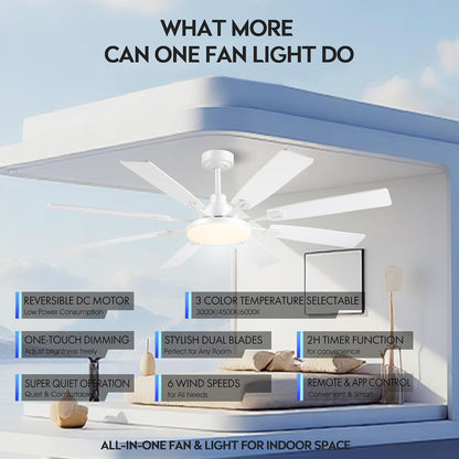 60" Ceiling Fan with Light - Modern White Low Profile Ceilings Fans Light Low Profile Fan with 8 Blades,6 Wind Speeds Reversible,Dimmable,Modern Light for Indoor Living Room,Kitchen,Coverd PatiosJL-153-Black-60In JL-153-White-60In JL-153-Brown-60In