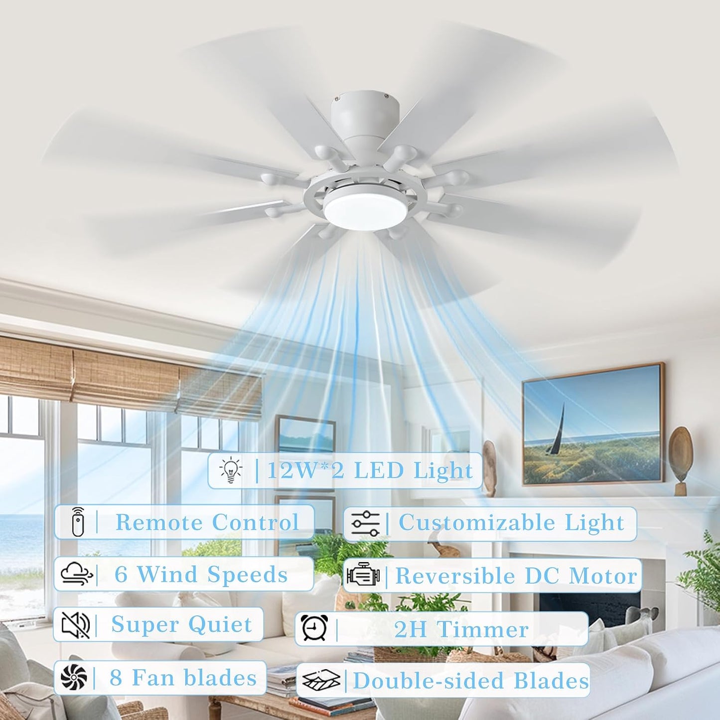 Ceiling Fans with Lights, 54 inch Low Profile Ceiling Fan with Light and Remote Control, Flush Mount Ceiling Fan for Bedroom, Living Room, Reversible, 3CCT, Dimmable, Noiseless DC Motor, Black White Brown