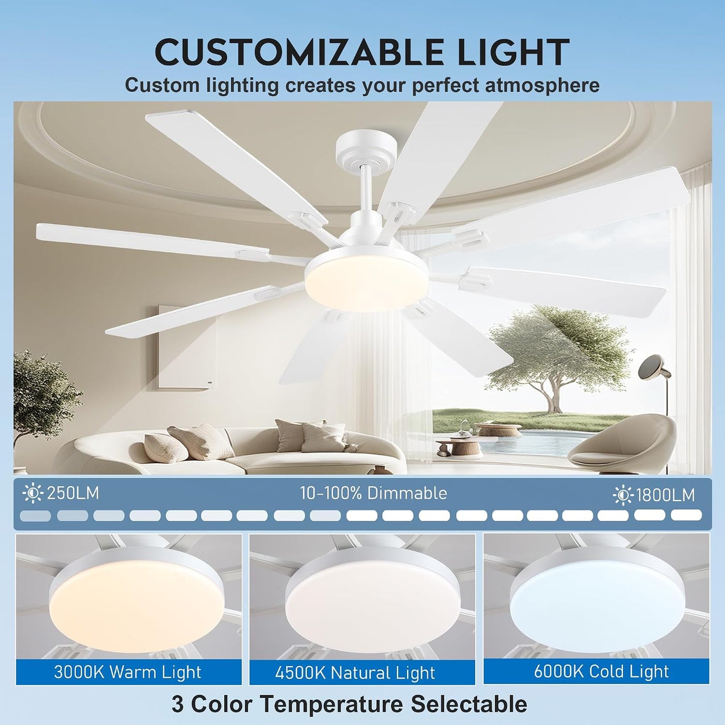 60" Ceiling Fan with Light - Modern White Low Profile Ceilings Fans Light Low Profile Fan with 8 Blades,6 Wind Speeds Reversible,Dimmable,Modern Light for Indoor Living Room,Kitchen,Coverd PatiosJL-153-Black-60In JL-153-White-60In JL-153-Brown-60In