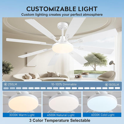 60" Ceiling Fan with Light - Modern White Low Profile Ceilings Fans Light Low Profile Fan with 8 Blades,6 Wind Speeds Reversible,Dimmable,Modern Light for Indoor Living Room,Kitchen,Coverd PatiosJL-153-Black-60In JL-153-White-60In JL-153-Brown-60In