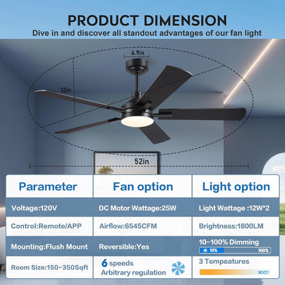 JSAITEE Ceiling Fans with Lights - 52Inch Low Profile Flush Mount Ceiling Fan with Light and Remote Control, DC Reversible Motor, Dimmable, 6 Speeds Ceiling Fan for Bedroom, Kitchen, JL-53-Black JL-53-White JL-053-Brwon JL-53-Nickel