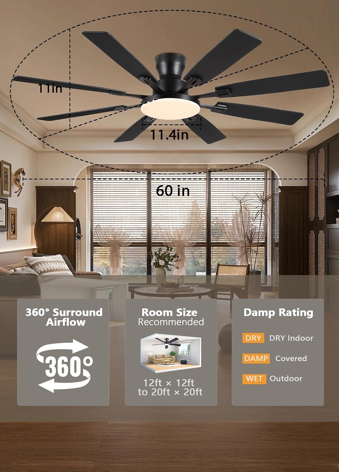 JSAITEE 60Inch Ceiling Fan with Lights Low Profile Flush Mount Brown RGB