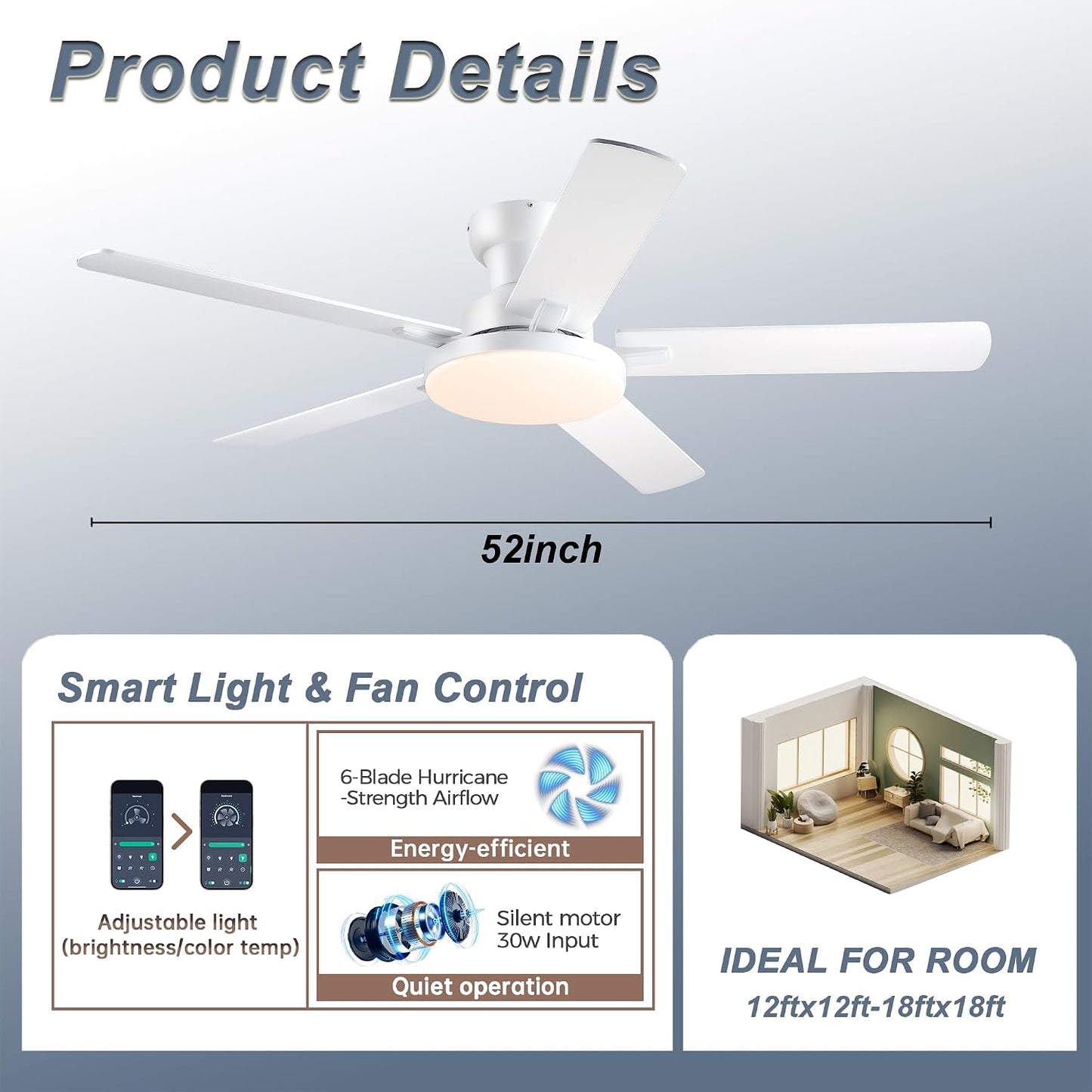 52" Ceiling Fan with Light, Remote Control, 3CCT Dimmable Noiseless DC Motor, Modern Indoor Lighting Fixture for Bedroom, Kitchen LSP-266-Black LSP-266-White LSP-266-Brown LSP-266-Nickel