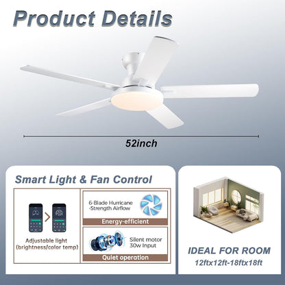 52" Ceiling Fan with Light, Remote Control, 3CCT Dimmable Noiseless DC Motor, Modern Indoor Lighting Fixture for Bedroom, Kitchen LSP-266-Black LSP-266-White LSP-266-Brown LSP-266-Nickel