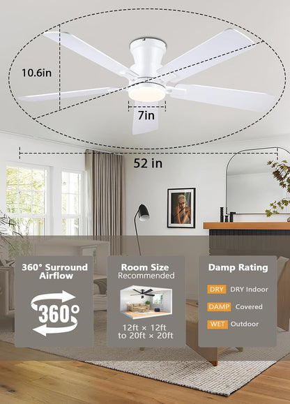 JSAITEE 52Inch Flush Mount Ceiling Fan with Lights Low Profile Brown