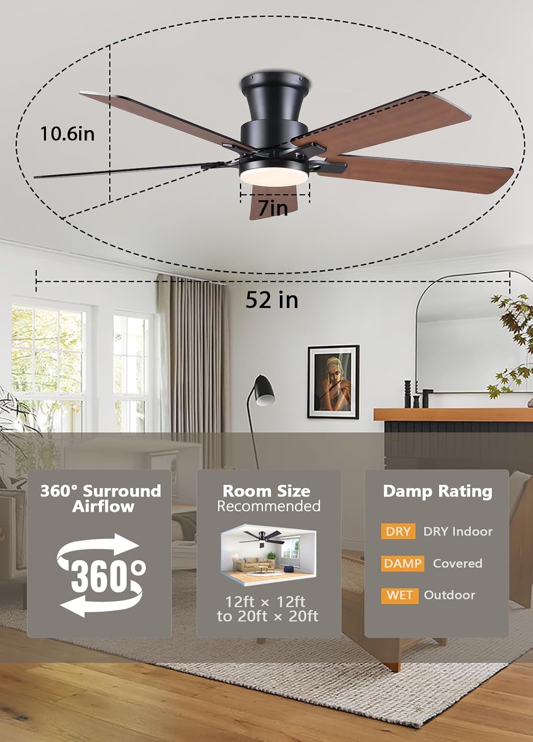 JSAITEE 52Inch Flush Mount Ceiling Fan with Lights Low Profile Brown