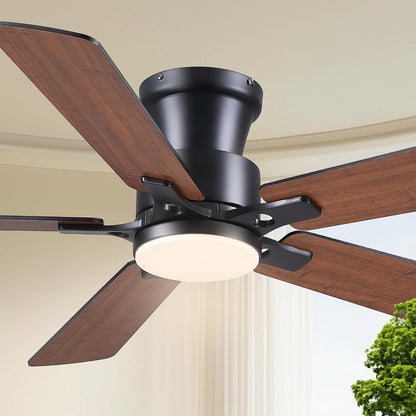 JSAITEE 52Inch Flush Mount Ceiling Fan with Lights Low Profile Brown
