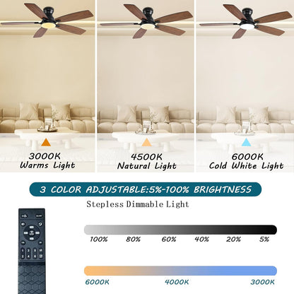 JSAITEE Ceiling Fans with Lights, 52 Inch Low Profile Ceiling Fan with Light and Remote Control, Flush Mount, DC Reversible Motor, Noiseless, White 6 Speeds Ceiling Fan for BedroomJL-66-Brown JL-66-nickle JL-66-white JL-66-black