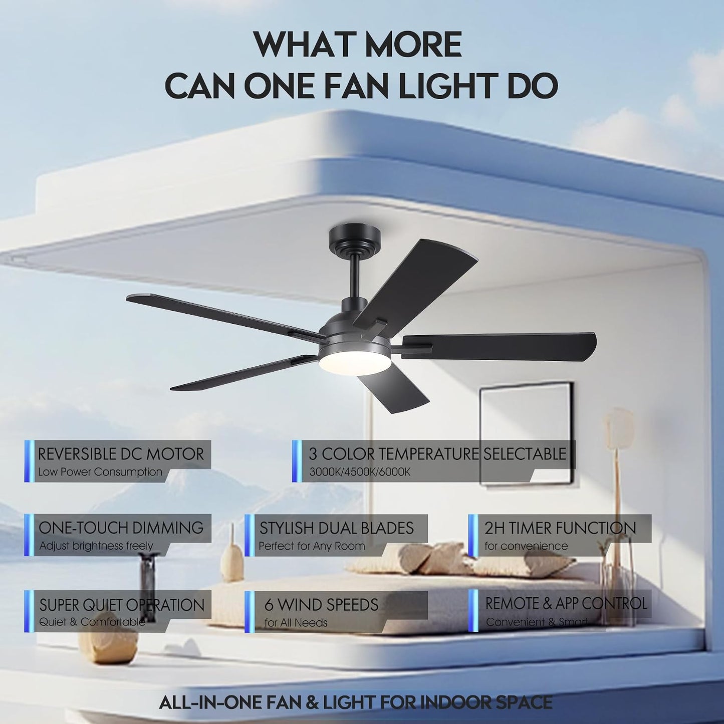 JSAITEE Ceiling Fans with Lights - 52Inch Low Profile Flush Mount Ceiling Fan with Light and Remote Control, DC Reversible Motor, Dimmable, 6 Speeds Ceiling Fan for Bedroom, Kitchen, JL-53-Black JL-53-White JL-053-Brwon JL-53-Nickel