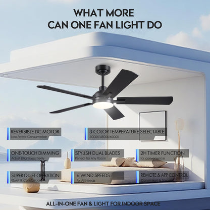 JSAITEE Ceiling Fans with Lights - 52Inch Low Profile Flush Mount Ceiling Fan with Light and Remote Control, DC Reversible Motor, Dimmable, 6 Speeds Ceiling Fan for Bedroom, Kitchen, JL-53-Black JL-53-White JL-053-Brwon JL-53-Nickel