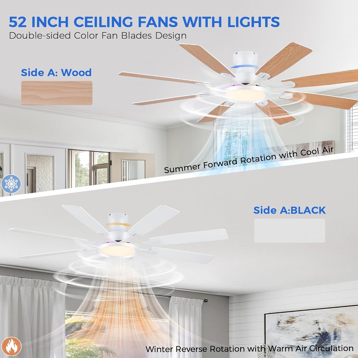 Ceiling Fans with Lights -60in Brown Flush Mount Ceiling Fan with RGB SY8888-Black-RGB SY8888-White-RGB SY8888-Brown-RGB