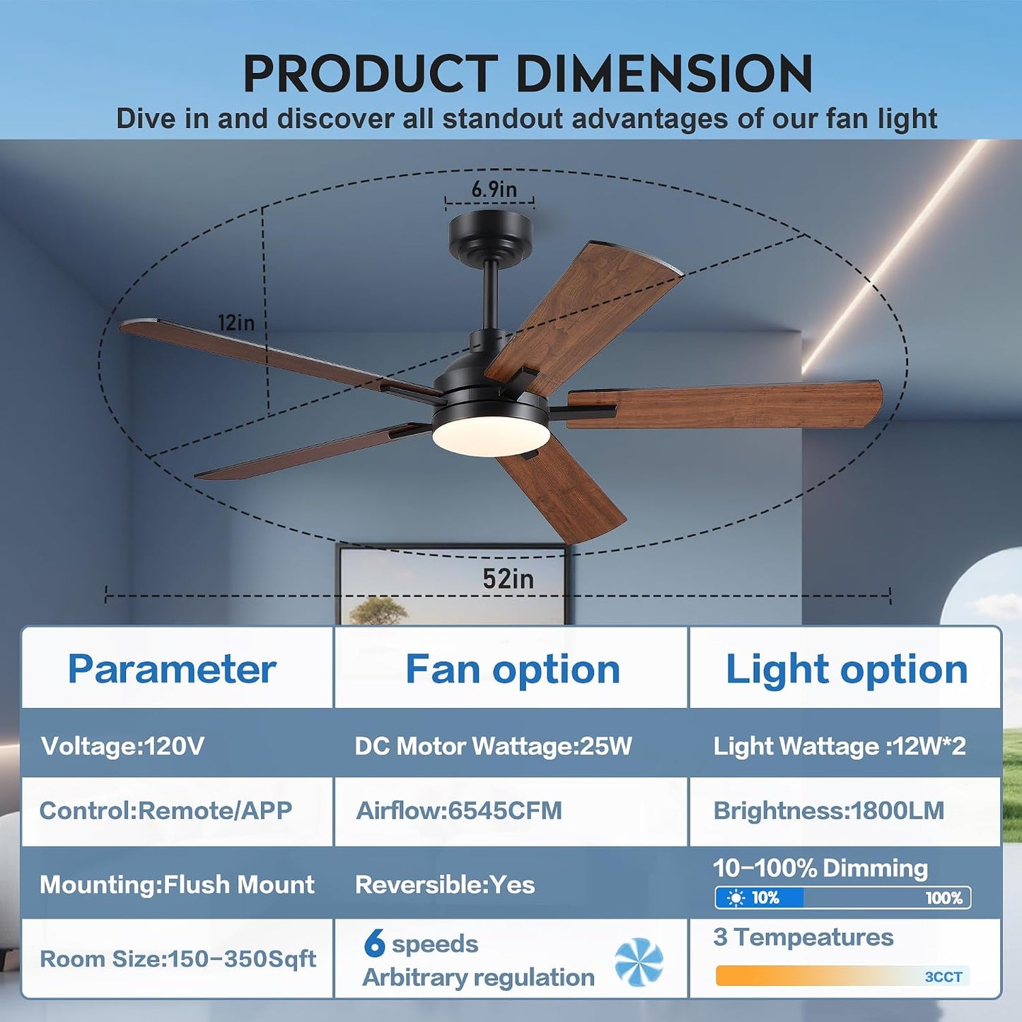 JSAITEE Ceiling Fans with Lights - 52Inch Low Profile Flush Mount Ceiling Fan with Light and Remote Control, DC Reversible Motor, Dimmable, 6 Speeds Ceiling Fan for Bedroom, Kitchen, JL-53-Black JL-53-White JL-053-Brwon JL-53-Nickel