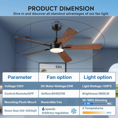 JSAITEE Ceiling Fans with Lights - 52Inch Low Profile Flush Mount Ceiling Fan with Light and Remote Control, DC Reversible Motor, Dimmable, 6 Speeds Ceiling Fan for Bedroom, Kitchen, JL-53-Black JL-53-White JL-053-Brwon JL-53-Nickel