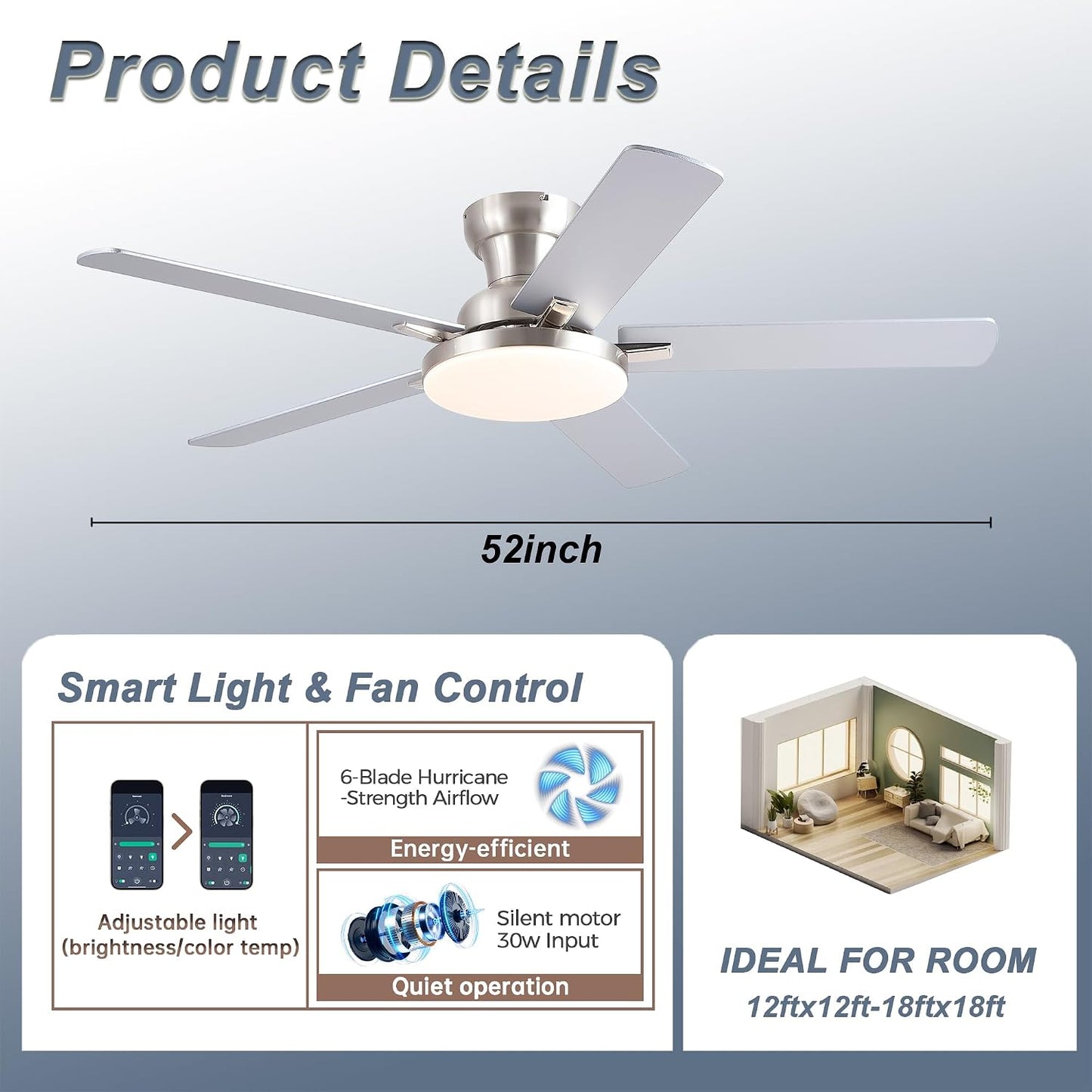 52" Ceiling Fan with Light, Remote Control, 3CCT Dimmable Noiseless DC Motor, Modern Indoor Lighting Fixture for Bedroom, Kitchen LSP-266-Black LSP-266-White LSP-266-Brown LSP-266-Nickel