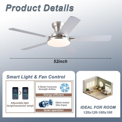 52" Ceiling Fan with Light, Remote Control, 3CCT Dimmable Noiseless DC Motor, Modern Indoor Lighting Fixture for Bedroom, Kitchen LSP-266-Black LSP-266-White LSP-266-Brown LSP-266-Nickel