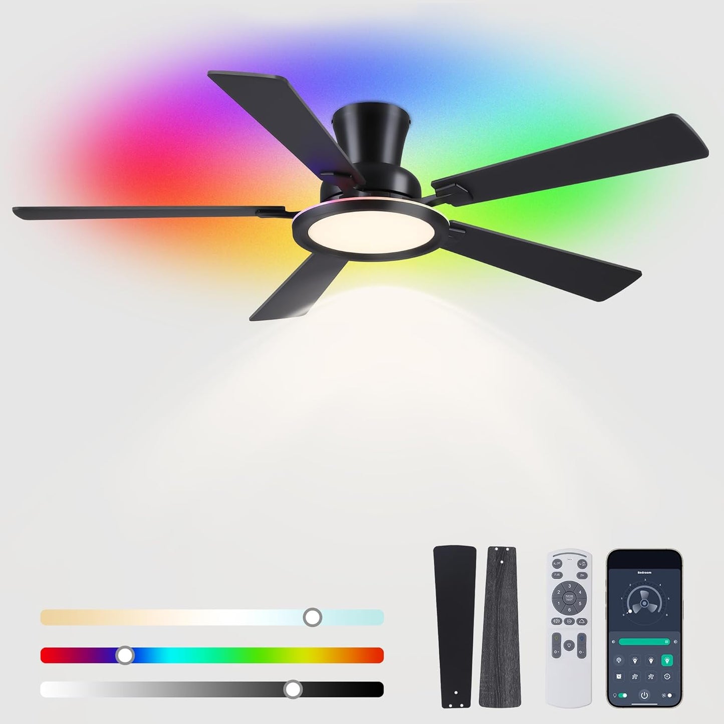 Ceiling Fans with Lights - 52in Flush Mount Ceiling Fan with RGB Dimmable, 3CCT 6 Wind Speeds and Reversible Quiet Motor, Low Profile RGB Fan Light for Modern Indoor, Party 8886-Black 8886-White 8886-Brown 8886-Nickel