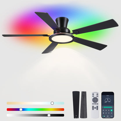 Ceiling Fans with Lights - 52in Flush Mount Ceiling Fan with RGB Dimmable, 3CCT 6 Wind Speeds and Reversible Quiet Motor, Low Profile RGB Fan Light for Modern Indoor, Party 8886-Black 8886-White 8886-Brown 8886-Nickel