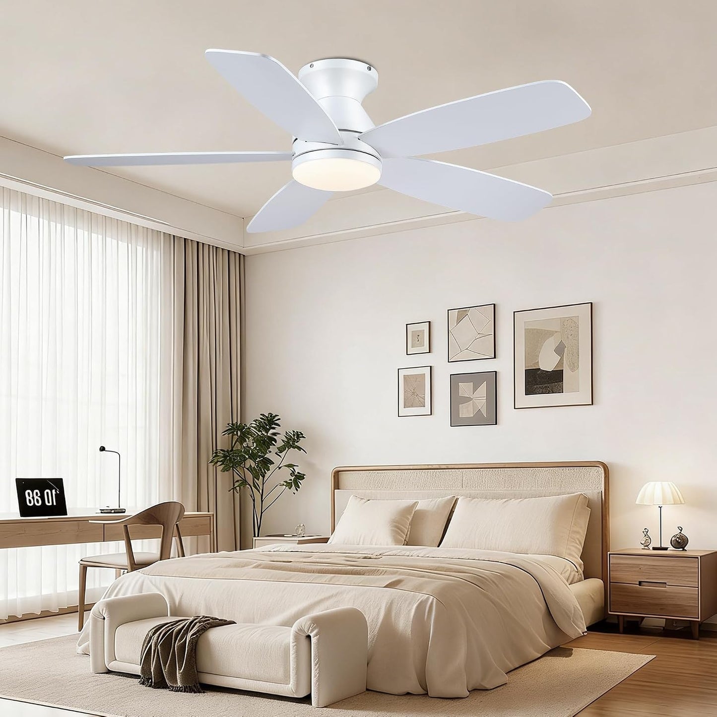 SAITEE 48" Ceiling Fans with Lights Low Profile - Flush Mount Ceiling Fan with Light and Remote, 6 Wind Speeds Reversible, Quiet, 3CCT Dimmable, Fan Light for Modern Indoor, Bedroom, Kitchen,JL68-48-Black JL068-48-white JL68-48-Brwon JL68-48-Nickle
