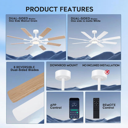 62" Ceiling Fan with Light - Modern White Low Profile Ceilings Fans Light08-Black-62In 08-White-62In 08-Brown-62In