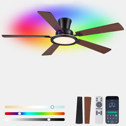 Ceiling Fans with Lights - 52in Flush Mount Ceiling Fan with RGB Dimmable, 3CCT 6 Wind Speeds and Reversible Quiet Motor, Low Profile RGB Fan Light for Modern Indoor, Party 8886-Black 8886-White 8886-Brown 8886-Nickel