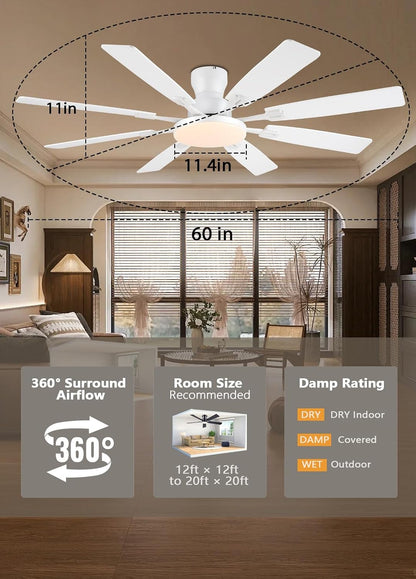 JSAITEE 60Inch Ceiling Fan with Lights Low Profile Flush Mount Brown RGB