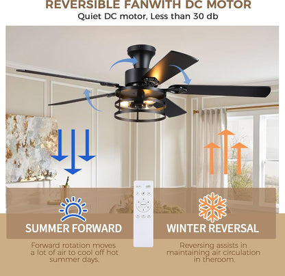 JSAITEE 52" Farmhouse Flush Mount Ceiling Fans with Lights, No Bulbs