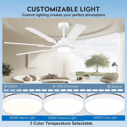 62" Ceiling Fan with Light - Modern White Low Profile Ceilings Fans Light08-Black-62In 08-White-62In 08-Brown-62In