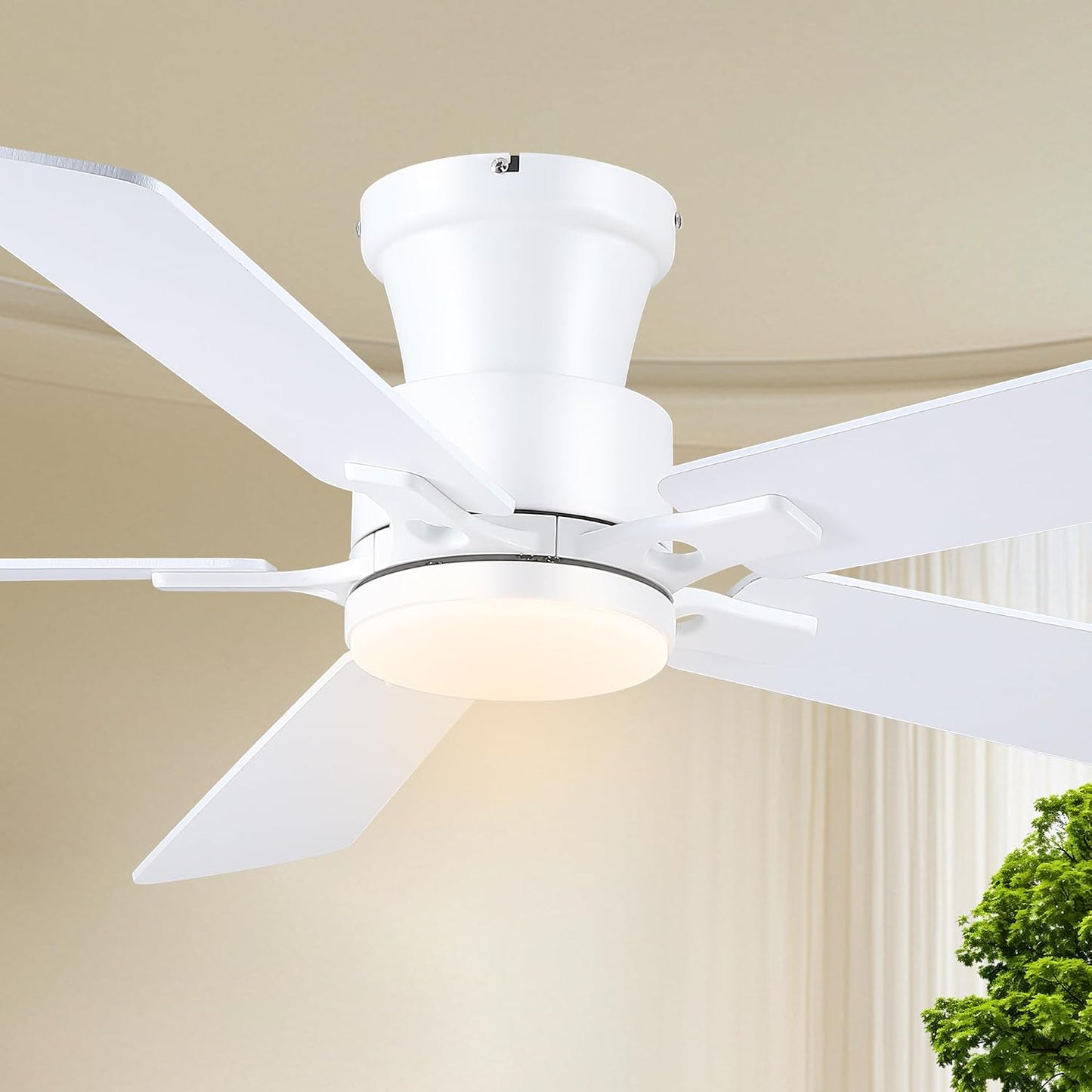JSAITEE 52Inch Flush Mount Ceiling Fan with Lights Low Profile Brown