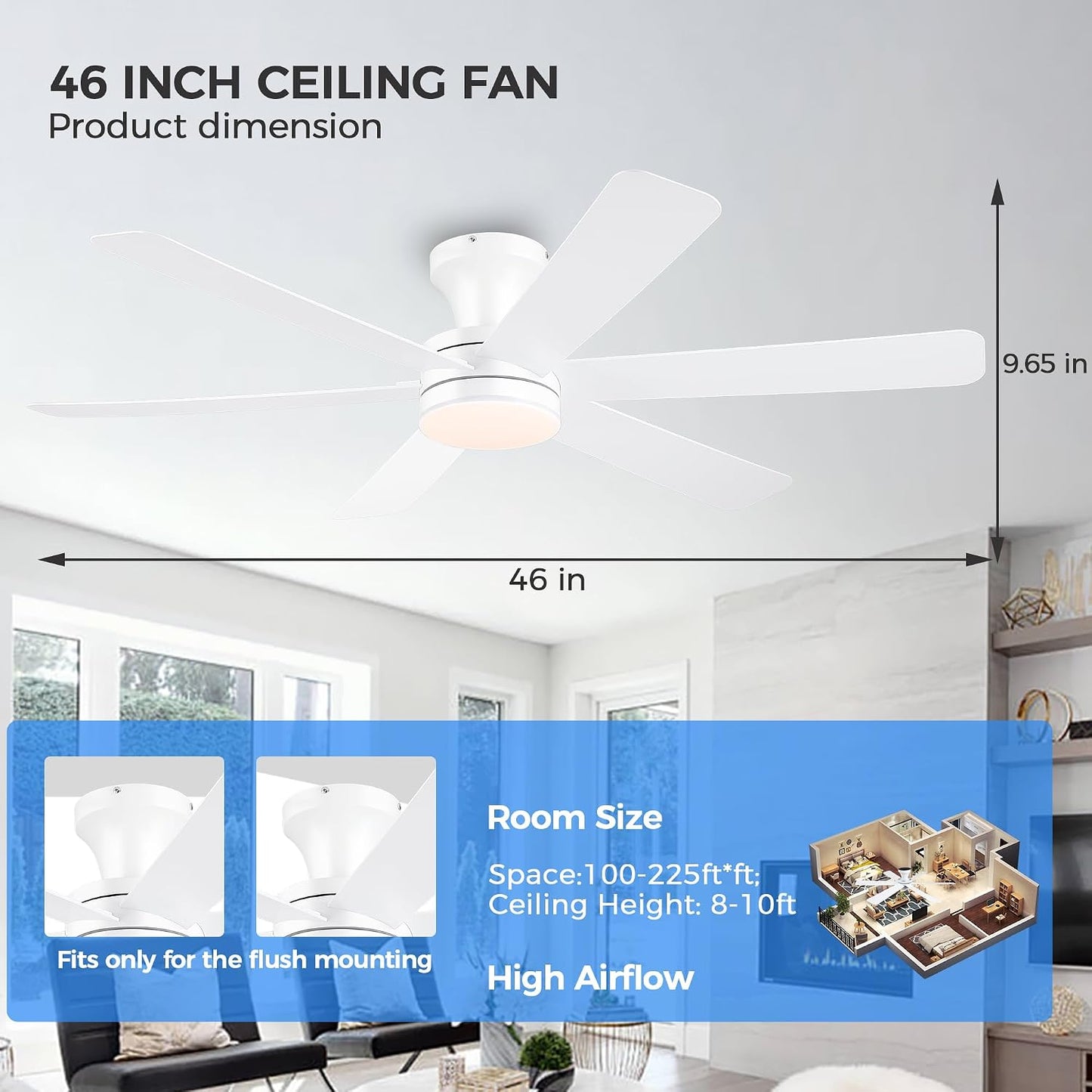 Ceiling Fans with Lights,46" Low Profile Ceiling Fan,Flush Mount 8891-Black 46 8891-White 46 8891-Brown 46