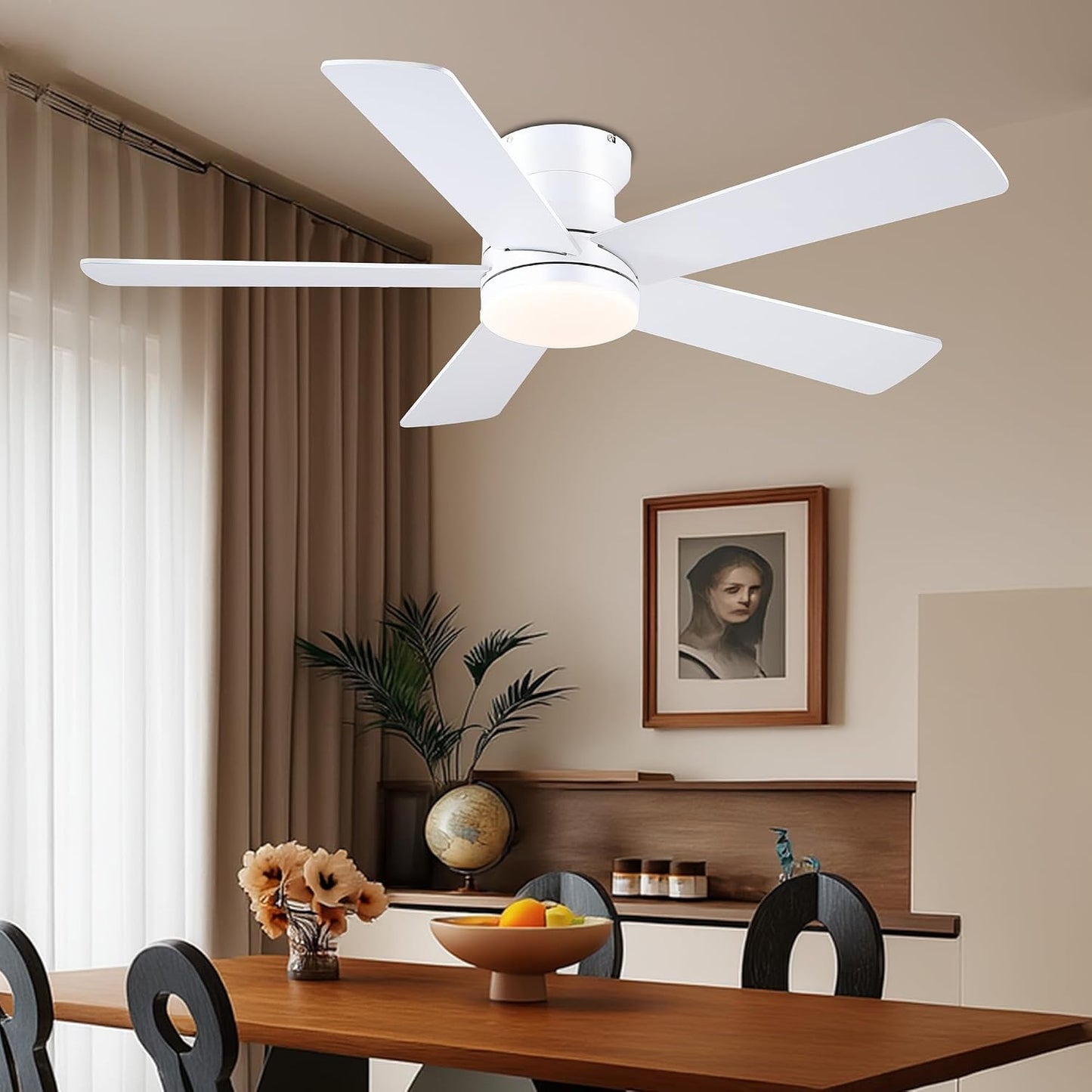 48In Ceiling Fan with Light Flush Mount - White Low Profile Ceiling Fan Light with Remote/APP, 5 Reversible Dual-Sided Blades, Modern Fan Light for Indoor Bedroom, Covered Outdoor