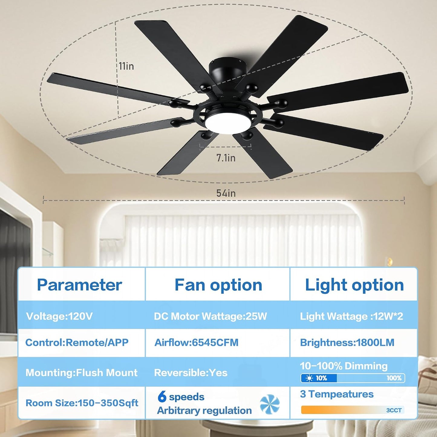 Ceiling Fans with Lights, 54 inch Low Profile Ceiling Fan with Light and Remote Control, Flush Mount Ceiling Fan for Bedroom, Living Room, Reversible, 3CCT, Dimmable, Noiseless DC Motor, Black White Brown