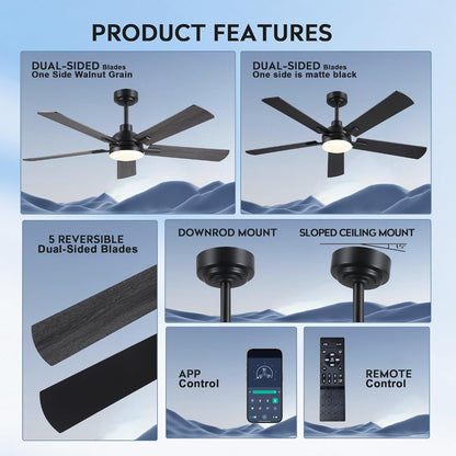 JSAITEE Ceiling Fans with Lights - 52Inch Low Profile Flush Mount Ceiling Fan with Light and Remote Control, DC Reversible Motor, Dimmable, 6 Speeds Ceiling Fan for Bedroom, Kitchen, JL-53-Black JL-53-White JL-053-Brwon JL-53-Nickel