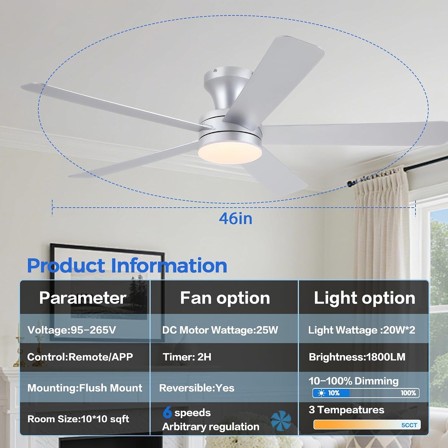Ceiling Fans with Lights,46" Black Flush Mount Ceiling Fan Light with ABS Blades Reversible,3CCT Dimmable, Low Profile Fan Light for Indoor Modern Bedroom, Kitchen