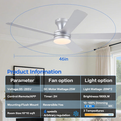 Ceiling Fans with Lights,46" Black Flush Mount Ceiling Fan Light with ABS Blades Reversible,3CCT Dimmable, Low Profile Fan Light for Indoor Modern Bedroom, Kitchen