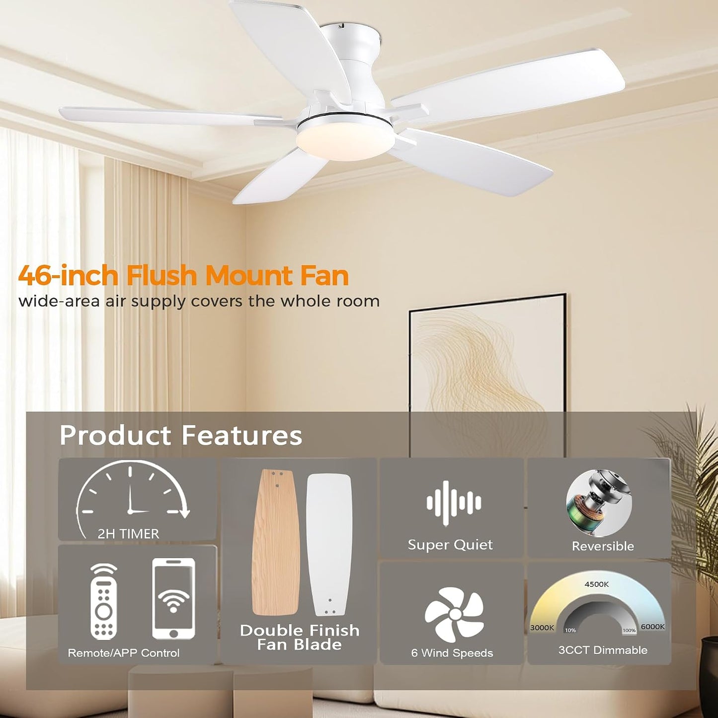 JSAITEE 46 Inch Low Profile Flush Mount Ceiling Fan with Lights, Black Brown WhiteJL-66-42-Brown JL-66-42-black JL-66-42-white