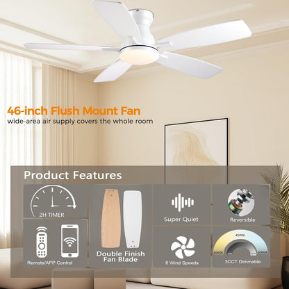 JSAITEE 46 Inch Low Profile Flush Mount Ceiling Fan with Lights, JL-66-46-black JL-66-46-White JL-66-46-brown