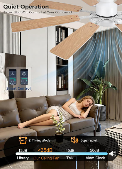 JSAITEE 60Inch Ceiling Fan with Lights Low Profile Flush Mount Brown RGB
