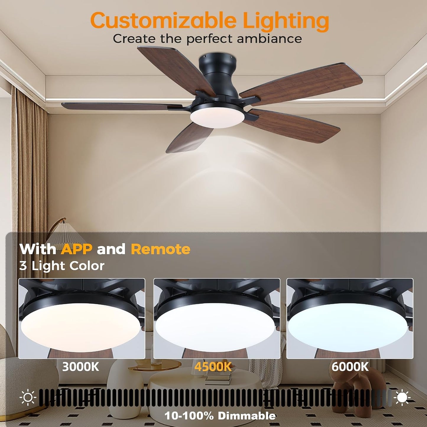 JSAITEE 46 Inch Low Profile Flush Mount Ceiling Fan with Lights, Black Brown WhiteJL-66-42-Brown JL-66-42-black JL-66-42-white