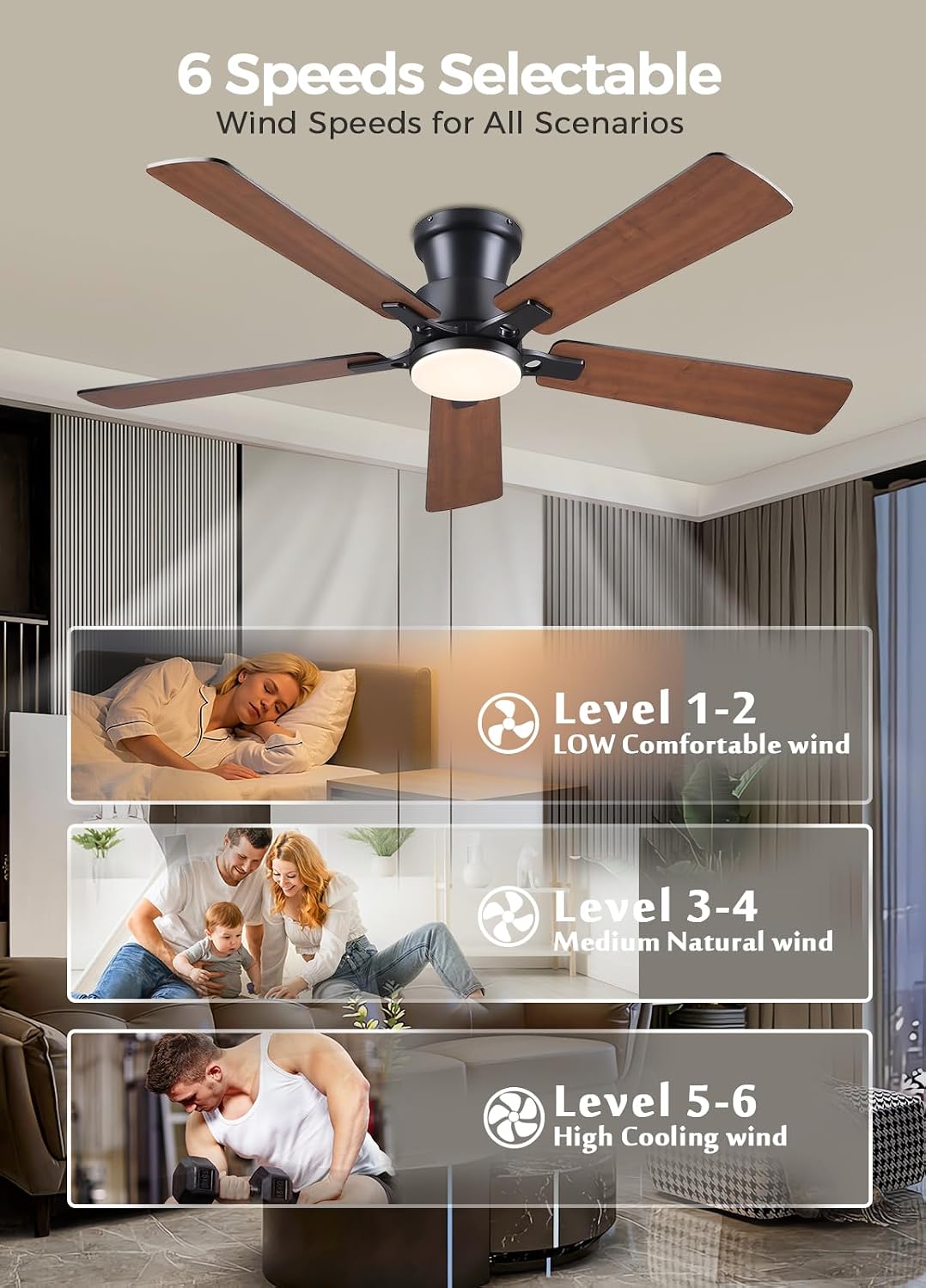 JSAITEE 52Inch Flush Mount Ceiling Fan with Lights Low Profile Brown