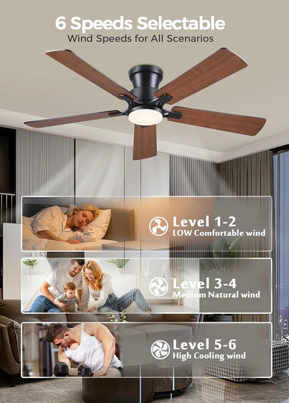 JSAITEE 52Inch Flush Mount Ceiling Fan with Lights Low Profile Brown