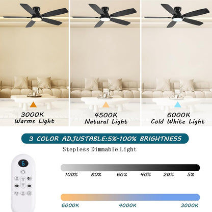 JSAITEE Ceiling Fans with Lights, 52 Inch Low Profile Ceiling Fan with Light and Remote Control, Flush Mount, DC Reversible Motor, Noiseless, White 6 Speeds Ceiling Fan for BedroomJL-66-Brown JL-66-nickle JL-66-white JL-66-black